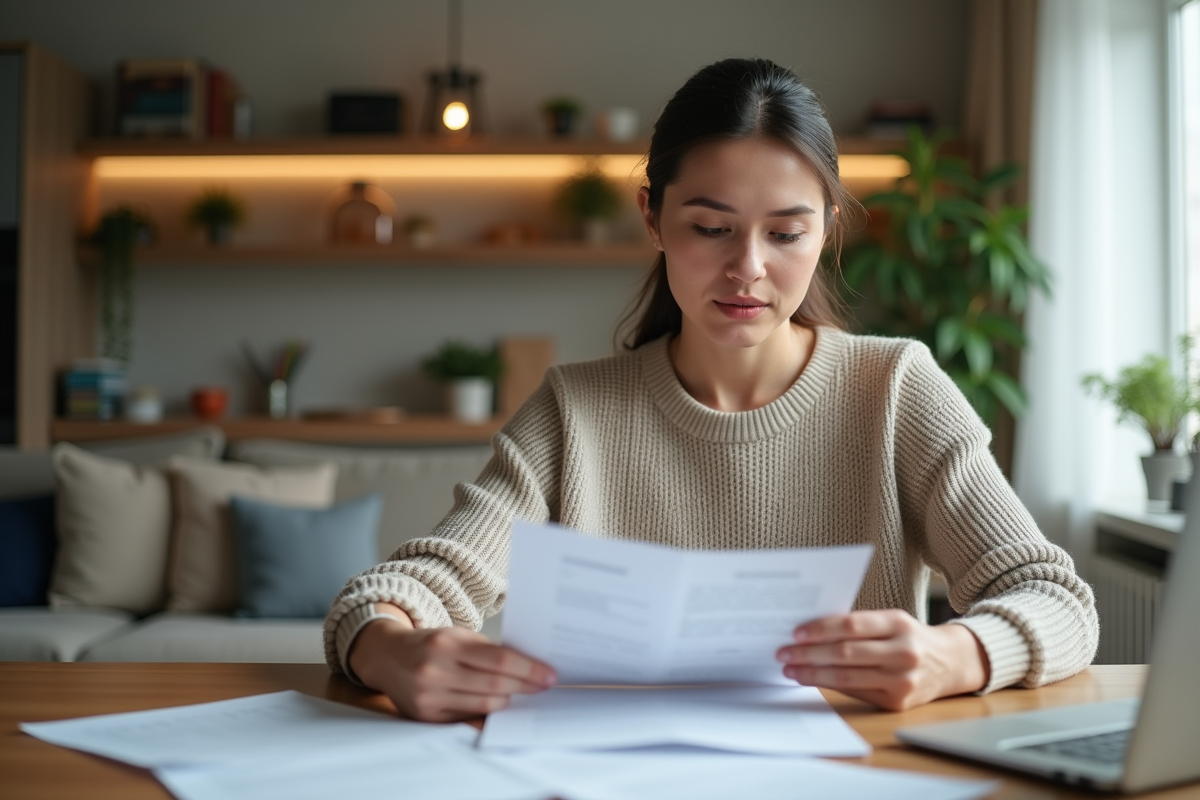 Femme examinant un contrat de location dans un appartement moderne