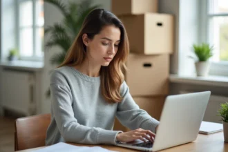Femme consultant un dossier de demande de logement social sur ordinateur portable avec des cartons de déménagement en arrière-plan