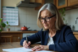 Femme remplissant un dossier de demande de logement social HLM à sa table de cuisine