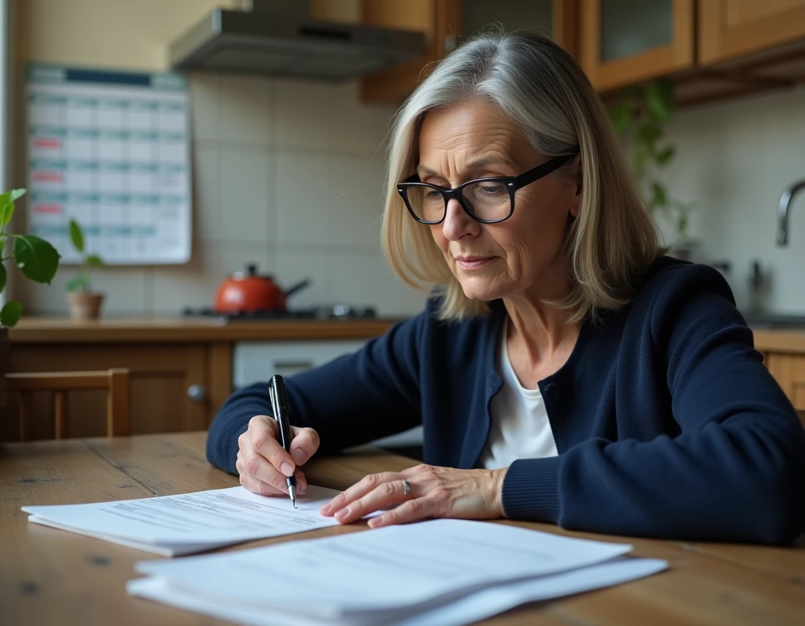 Femme remplissant un dossier de demande de logement social HLM à sa table de cuisine