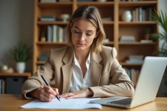 Femme remplissant un dossier de location avec soin à son bureau à domicile pour maximiser ses chances avec Loca Annonce