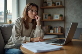 Femme réfléchissant à des papiers de logement dans un salon