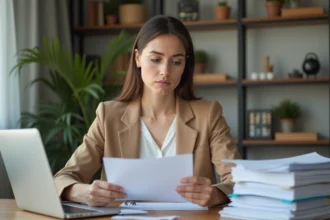 Femme consultant son dossier de demande de logement social AL'in avec documents imprimés sur un bureau en bois