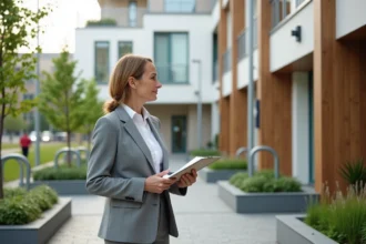 Femme d affaires examinant une façade écologique en bois et plâtre