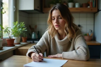 Femme écrivant une lettre dans une cuisine modeste