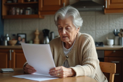 Femme âgée lisant une lettre dans sa cuisine chaleureuse
