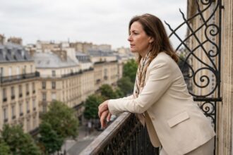 Femme élégante en costume crème sur un balcon parisien