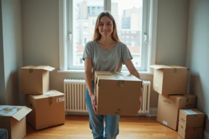 Jeune femme portant une boîte en carton dans un appartement