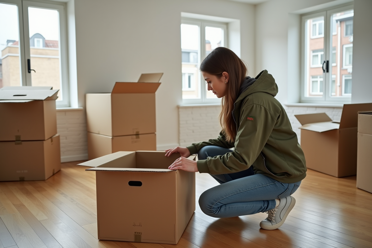Jeune femme préparant des cartons dans un appartement vide