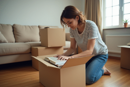 Femme emballant des objets dans une boîte en carton