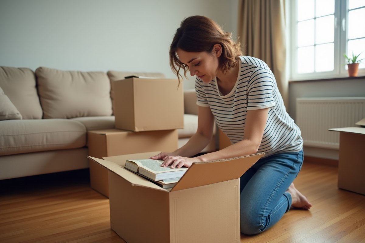 Femme emballant des objets dans une boîte en carton