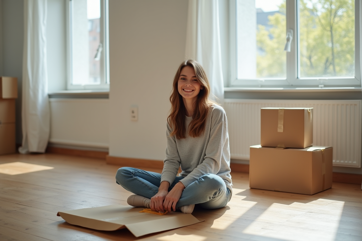 Jeune femme emballant une boîte dans un salon vide