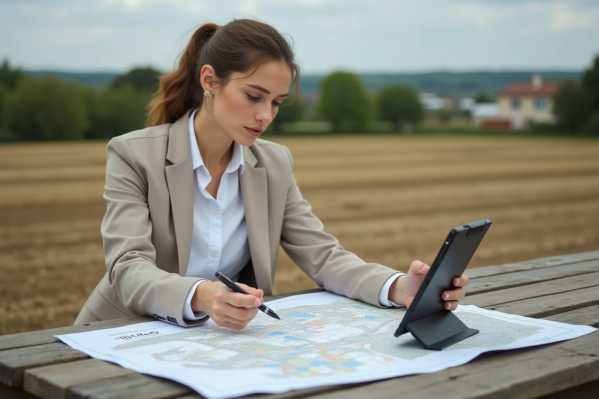Jeune femme analysant des cartes de terrain en extérieur