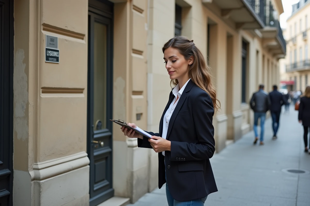 Jeune femme observant une façade de bâtiment lyonnais