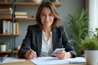 Femme daffaires examinant des documents fiscaux dans un bureau moderne