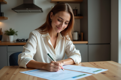 Femme remplissant un formulaire d'assurance dans une cuisine moderne