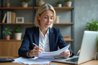 Femme d'âge moyen analysant des documents financiers dans un bureau moderne