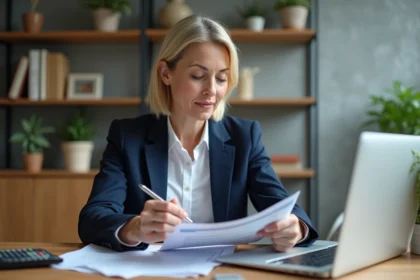 Femme d'âge moyen analysant des documents financiers dans un bureau moderne