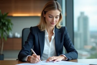 Femme en costume vérifiant des documents immobiliers