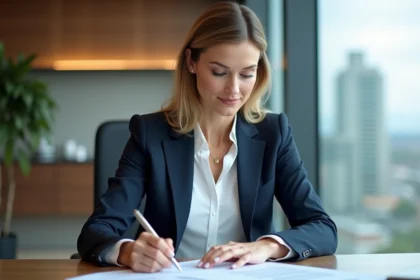 Femme en costume vérifiant des documents immobiliers