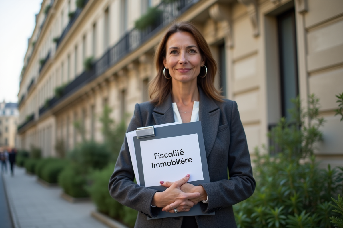 Femme professionnelle devant un immeuble haussmannien