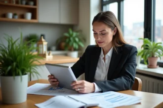 Femme confiante examinant un tableau numérique dans un appartement moderne