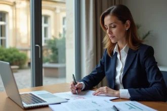 Femme cadre consultant des documents fiscaux liés à la loi Pinel dans un bureau moderne à Bordeaux