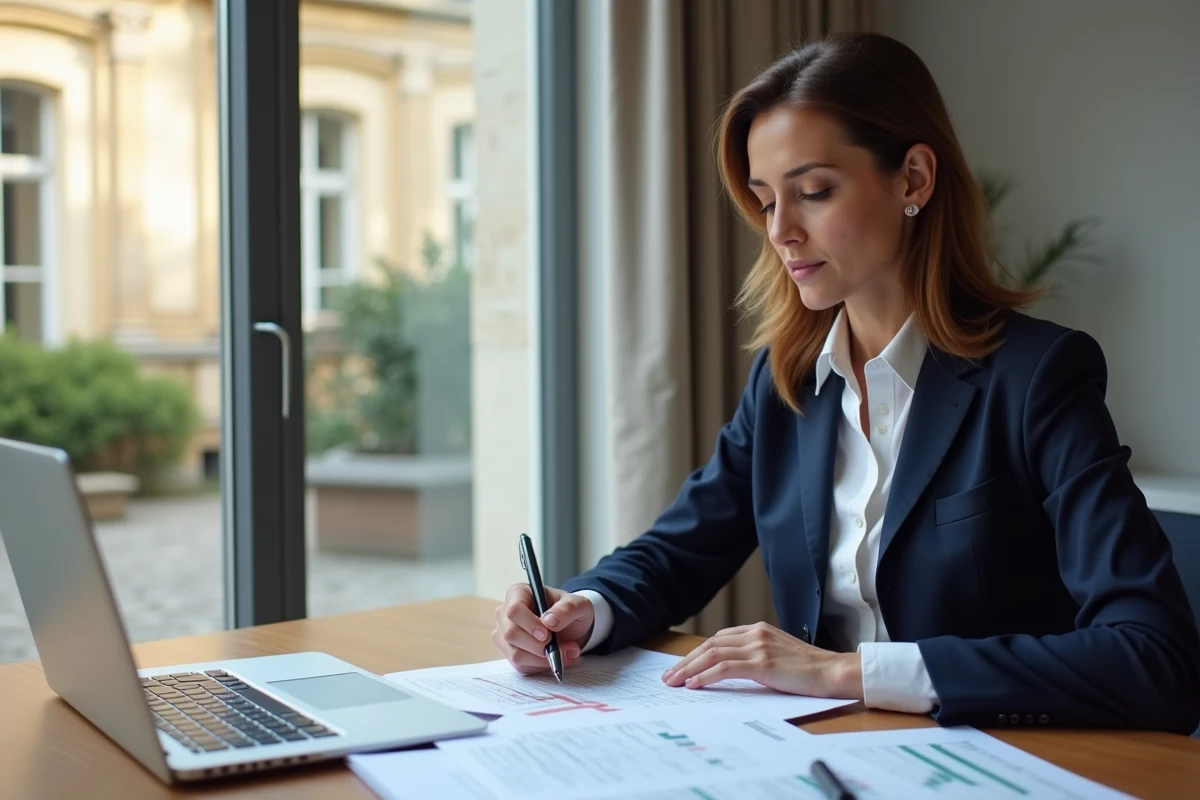 Femme cadre consultant des documents fiscaux liés à la loi Pinel dans un bureau moderne à Bordeaux