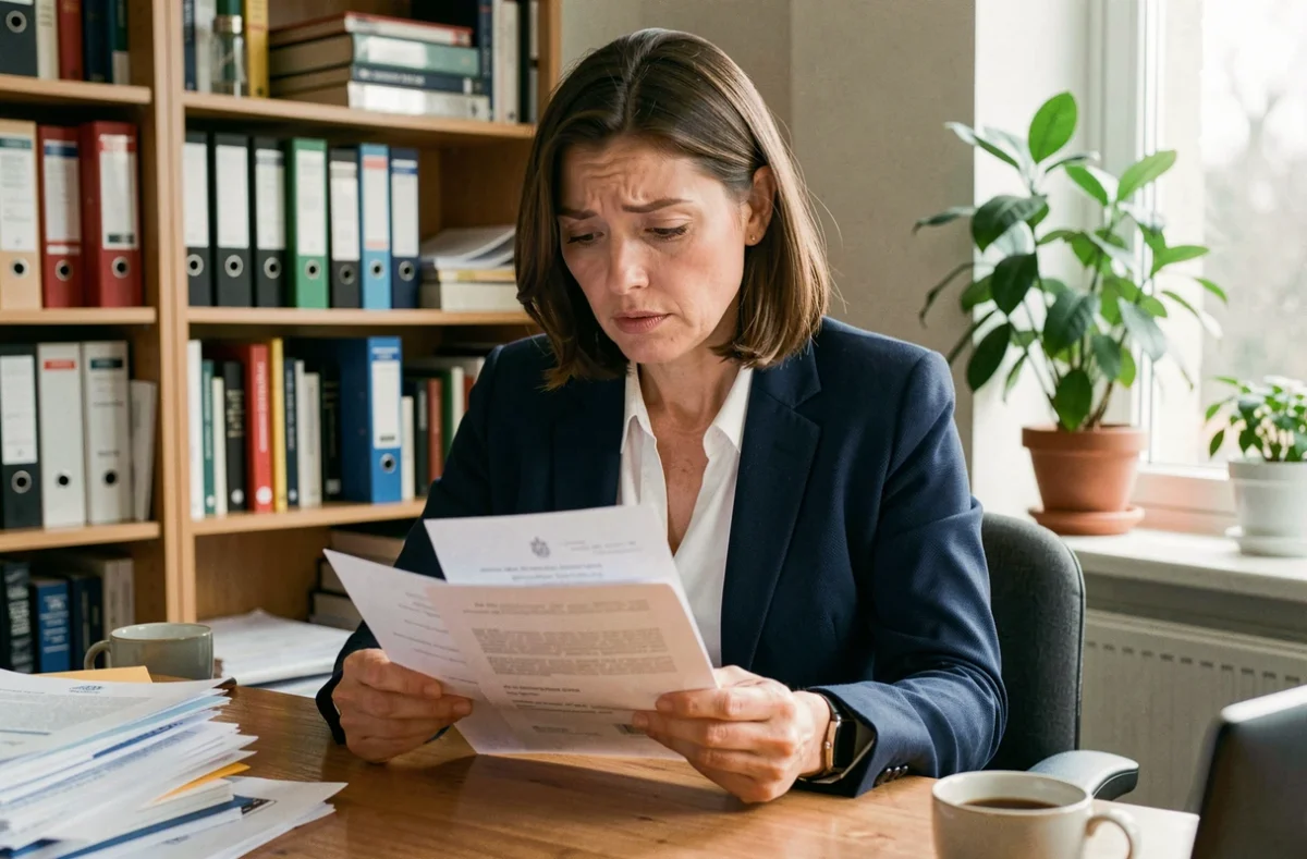 Femme lisant un document officiel de commission d'attribution de logement à son bureau à domicile