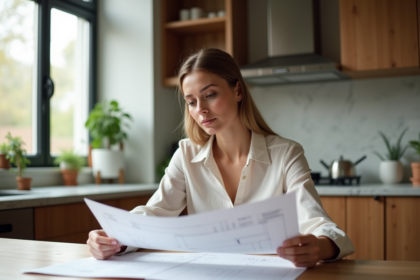 Femme en intérieur regardant des plans de rénovation