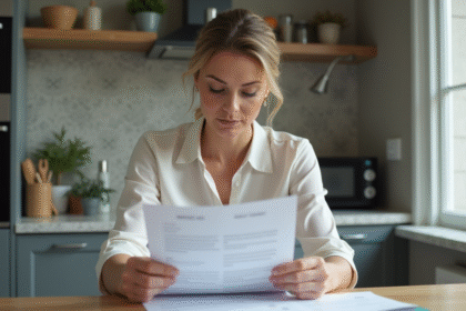 Femme d affaires lisant un document de pret dans une cuisine moderne