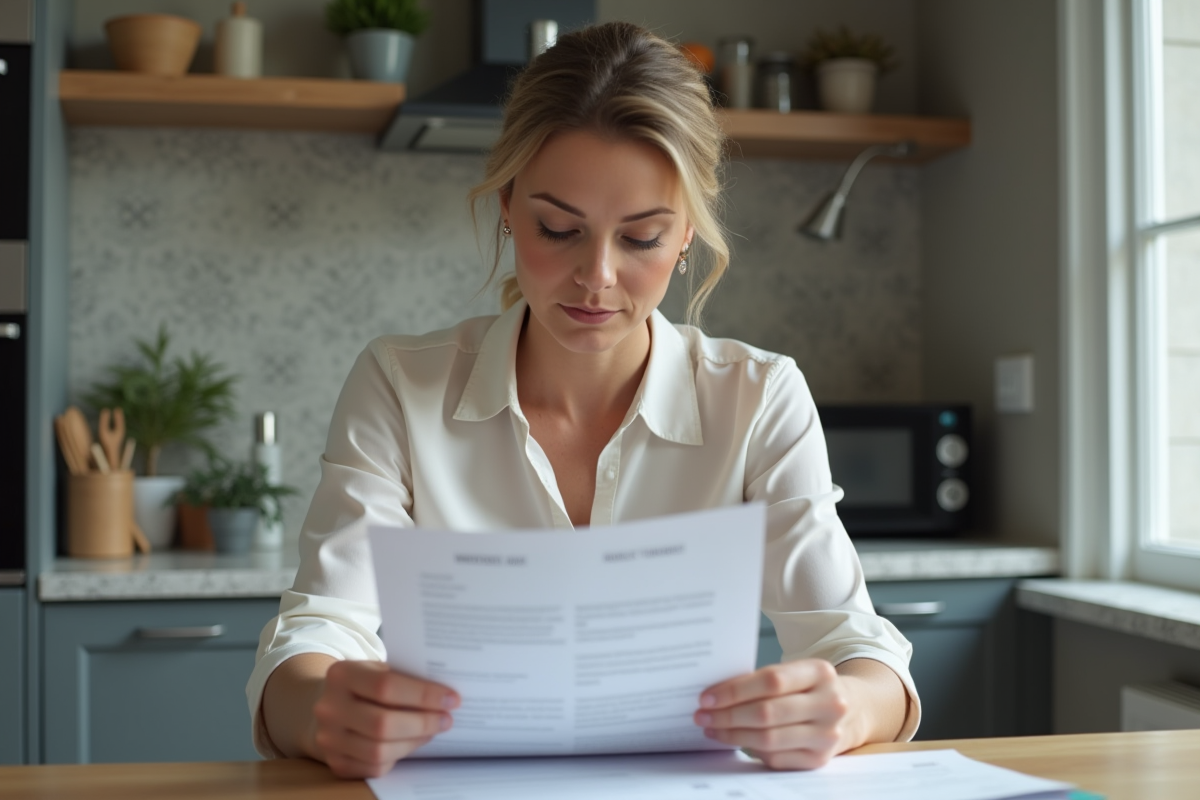Femme d affaires lisant un document de pret dans une cuisine moderne