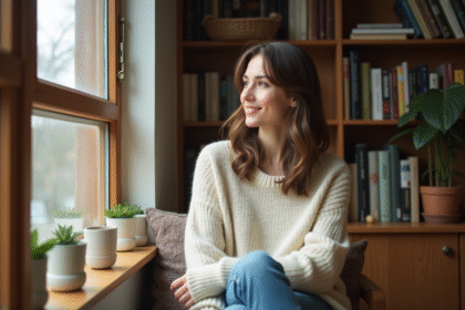 Jeune femme dans une bibliothèque chaleureuse et studieuse
