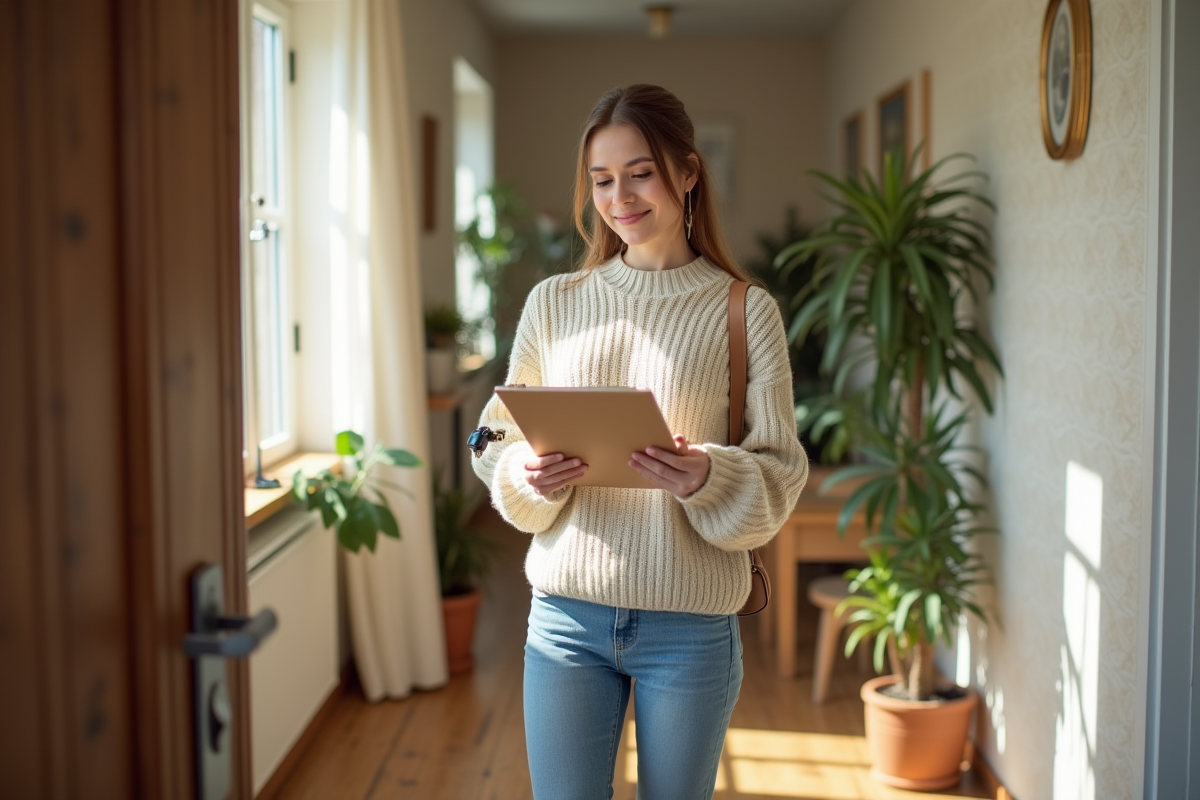 Jeune femme souriante tenant des clés dans un couloir lumineux