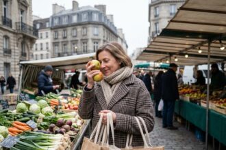 Femme avec sacs réutilisables compare fruits au marché parisien