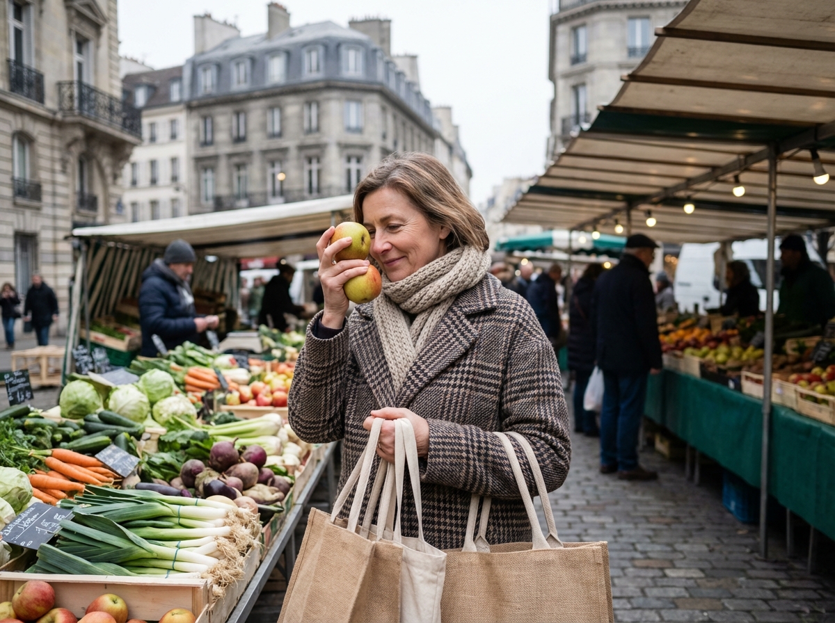 Femme avec sacs réutilisables compare fruits au marché parisien