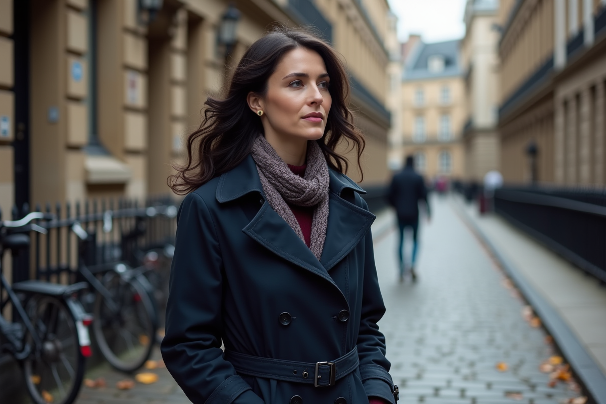 Femme en trench marche dans une rue urbaine calme