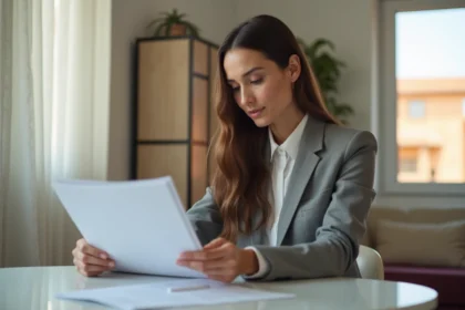 Femme marocaine examine documents dans un appartement à Marrakech
