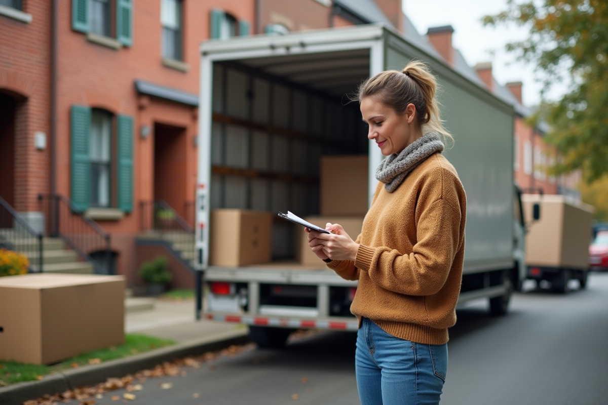 Femme utilisant son téléphone près d’un camion de déménagement