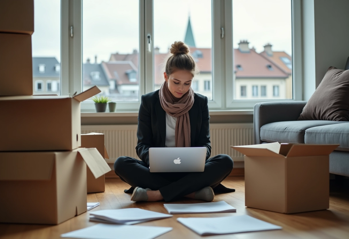 Femme triant des documents dans un appartement moderne