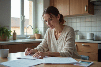 Femme en jeans et pull examine des papiers officiels dans un appartement lumineux