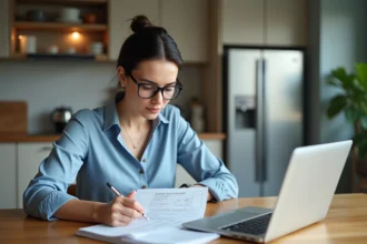 Femme en blouse bleue remplissant des formulaires fiscaux à la maison