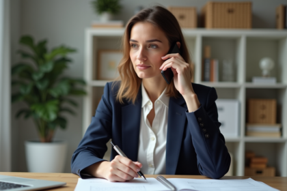 Femme professionnelle au bureau moderne parlant au téléphone