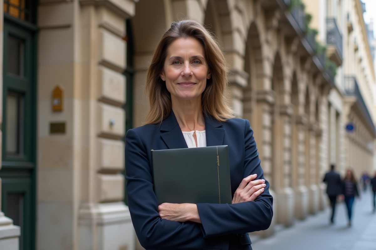 Femme professionnelle debout près d'une architecture parisienne
