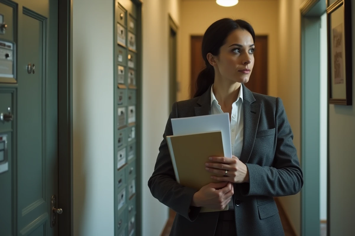 Femme professionnelle tenant des papiers devant une porte d