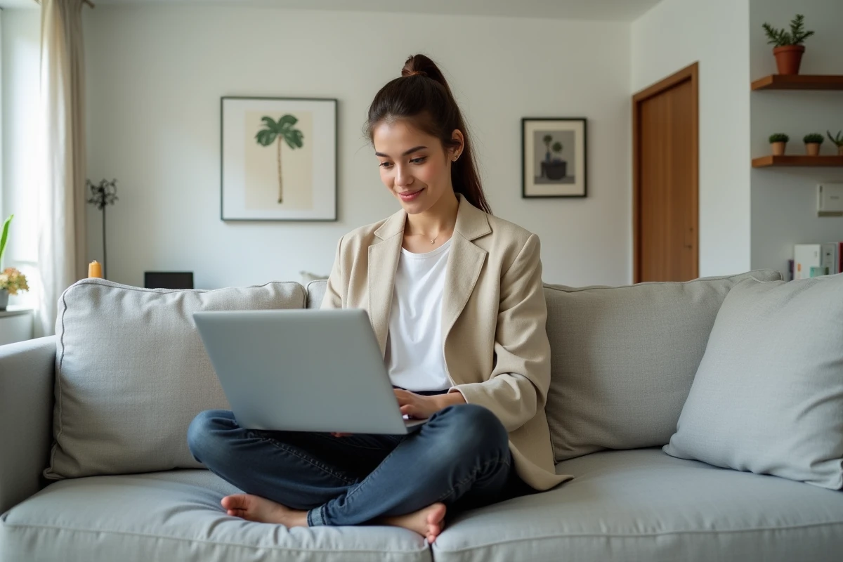 Femme consultant des annonces immobilières sur laptop dans un appartement T2 meublé moderne pour optimiser son budget