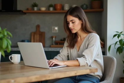 Femme cherchant location sur ordinateur dans cuisine moderne