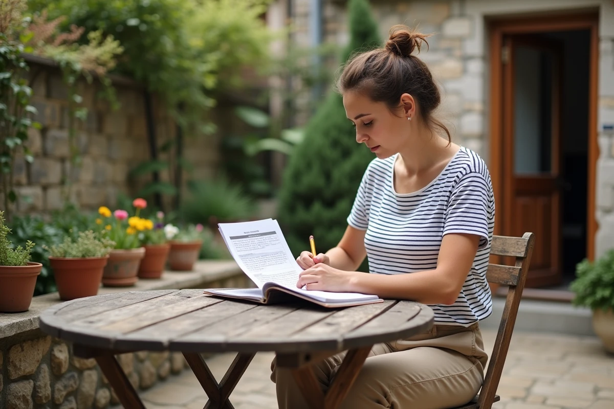 Femme recherchant une location maison avec jardin à 600 euros en consultant des annonces