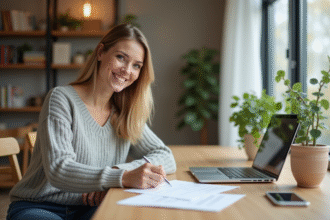 Femme souriante remplissant formulaires d'assurance à la maison