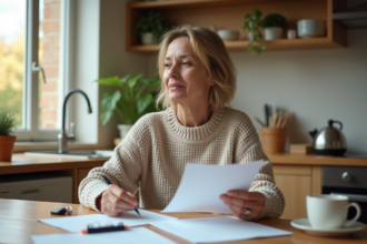 Femme d'âge moyen examine des documents dans une cuisine lumineuse